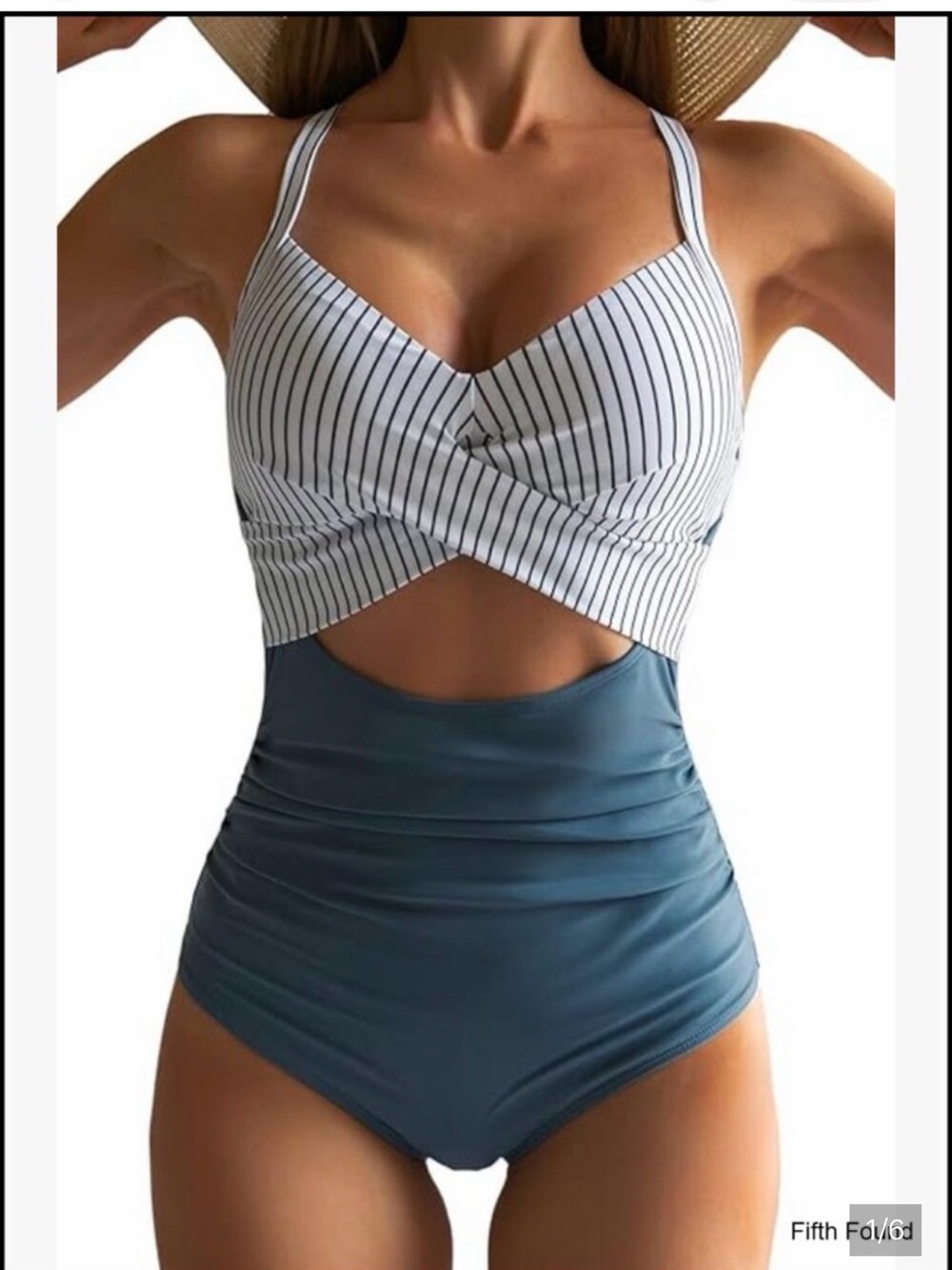 Striped Twist Front Cutout One-Piece Swimsuit in White & Blue